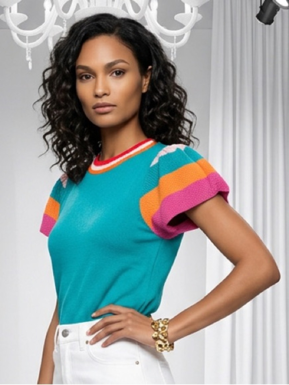 Source Unknown Teal Top with Pink and Orange Accent Sleeves